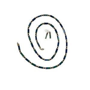AZURITE MALACHITE RECTANGLE BEAD GOLD-FILLED Necklace 36” W/Jade Earrings Set
